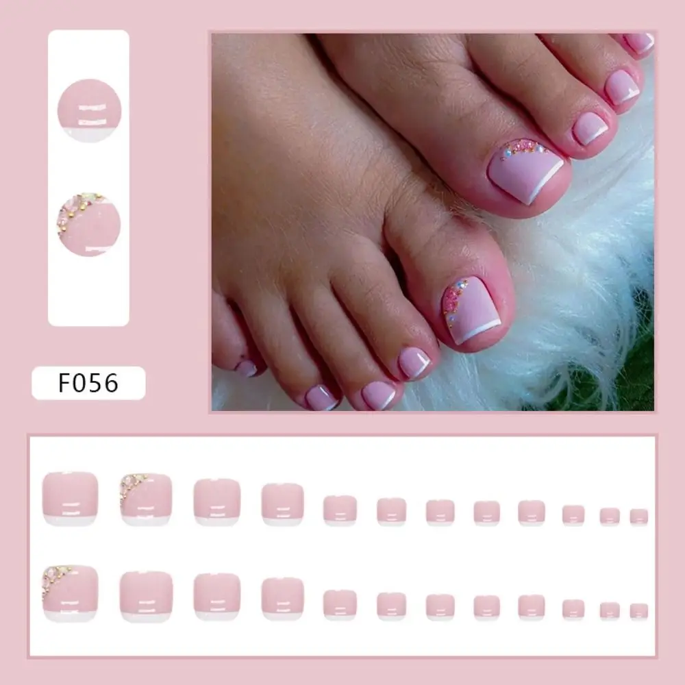 24pcs Girls Full Cover Short Toe Nails Fake Toenails Gold Spring Summer Flowers French