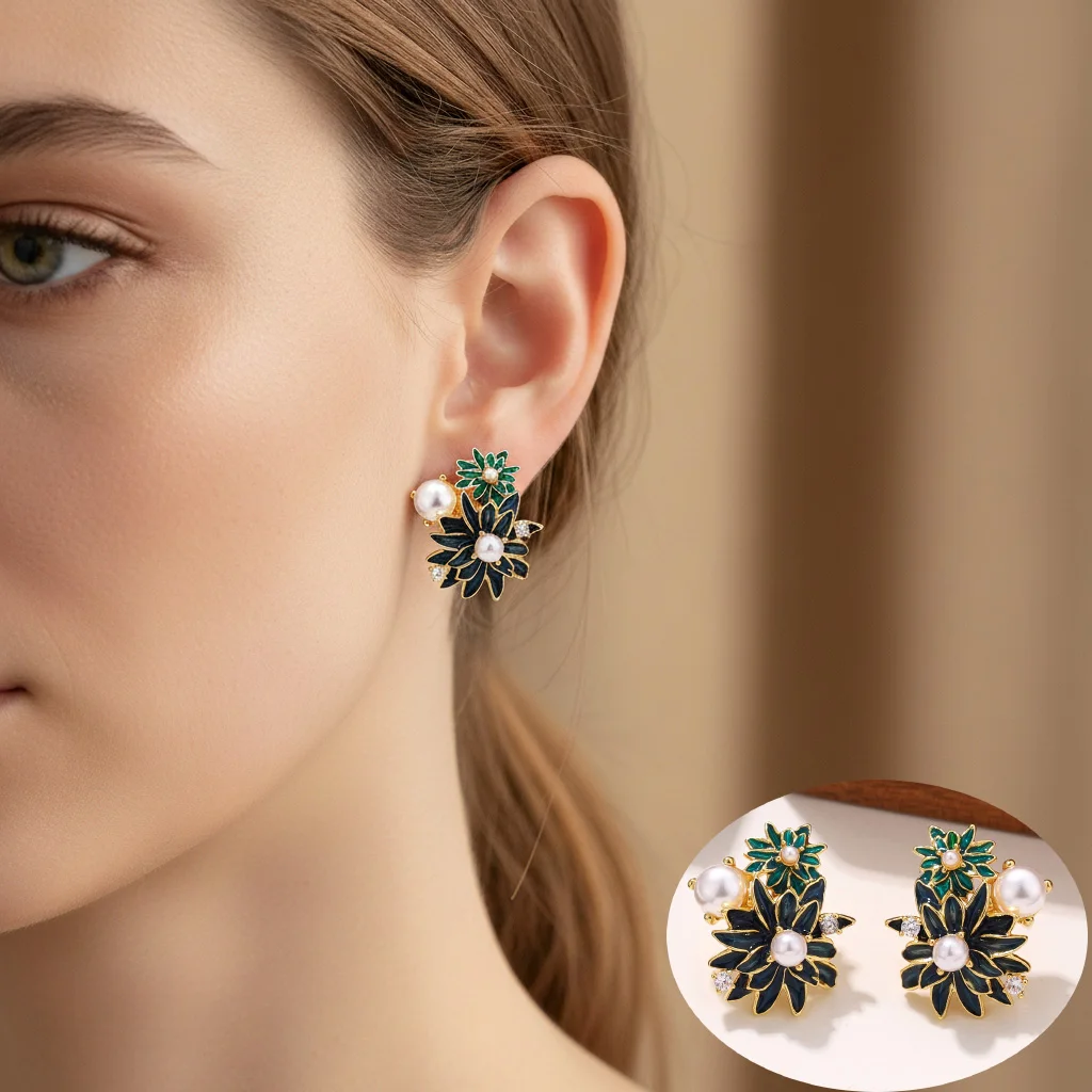 Hand-Painted Enamel Flower Stud Earrings with Simulated Pearls & Zircon - Fashion Women's Jewelry Daily Ear Charm