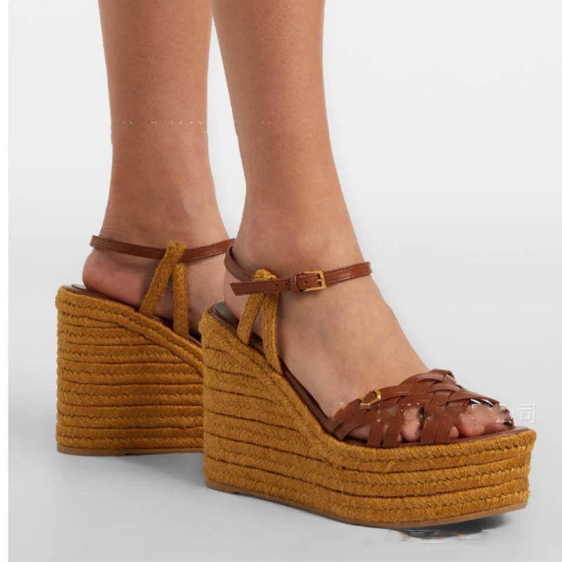 Damen Jute-Plateau-Keilsandalen mit geflochtenen Lederriemen und Knöchelschnalle für Strand, Boho, Sommerurlaub und Mode