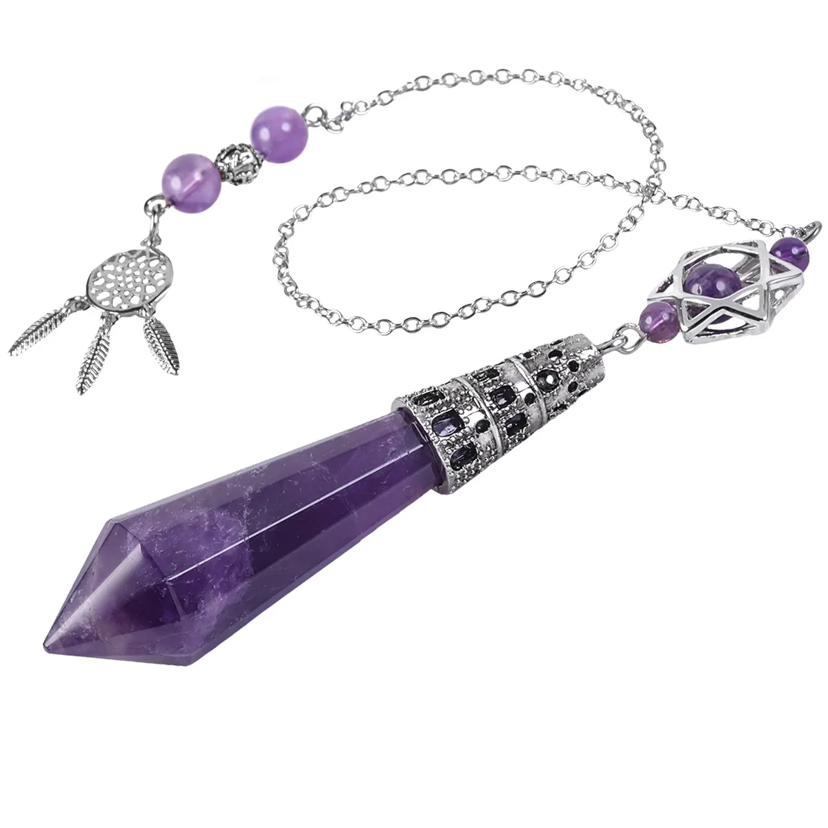 Natural Crystal Hexagonal Column Stone Dowsing Reiki Energy Pendant Pendulum Catcher Dream Star Charm Bead Chain Pendulo Jewelry