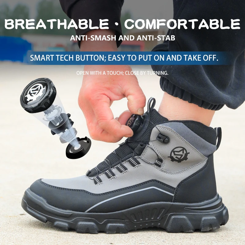 High Top Knob Buckle Safety Shoes, Mining Boots, Work Shoes, Anti-Smashing and Anti-Piercing Lightweight