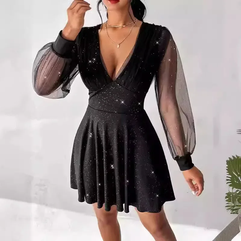 Women Midi Dress Mesh Long Sleeves Sexy Hot V-Neck Sequins Embellishments Sleek Slim Fit Holiday Beach Fashion Party