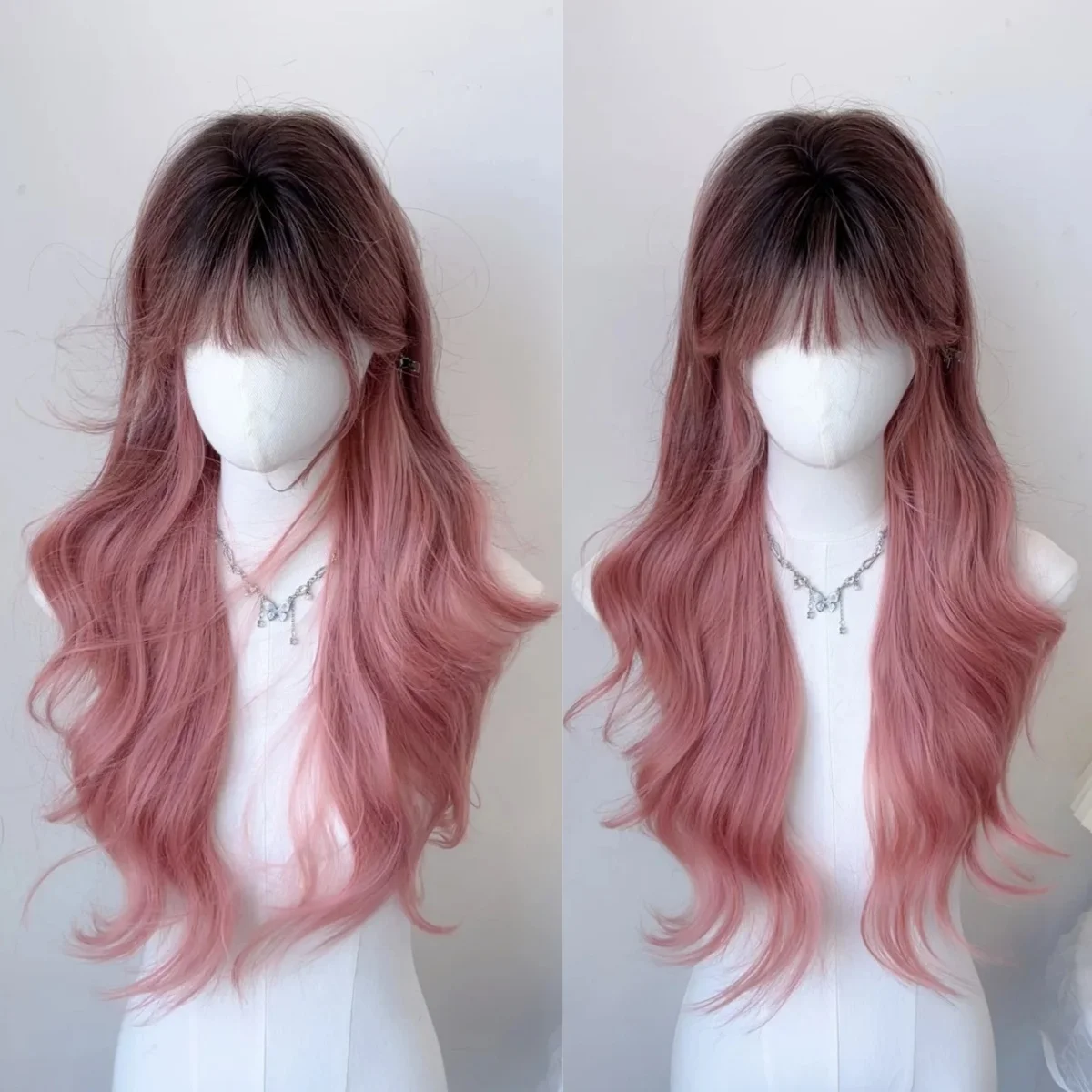 ESIN Rosa Ombre gewellte synthetische Perücke für Frauen, lange gewellte Perücke mit Pony, dunkle Wurzel, hitzebeständiges Kunsthaar für Cosplay, Lolita