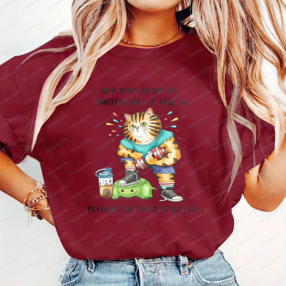 Funny Fitness Gym Cat Unisex T-shirt Homme Trend Protein Cats Streetwear Y2K Clothes for Women Men's Vintage Casual Camisetas