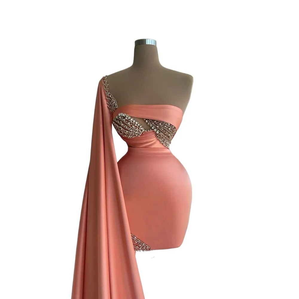 

Exquisite Evening Dresses Side With Cape One Shoulder Sleeveless Short Skirt Sequined Cystal High Quality Women Prom Party Gowns