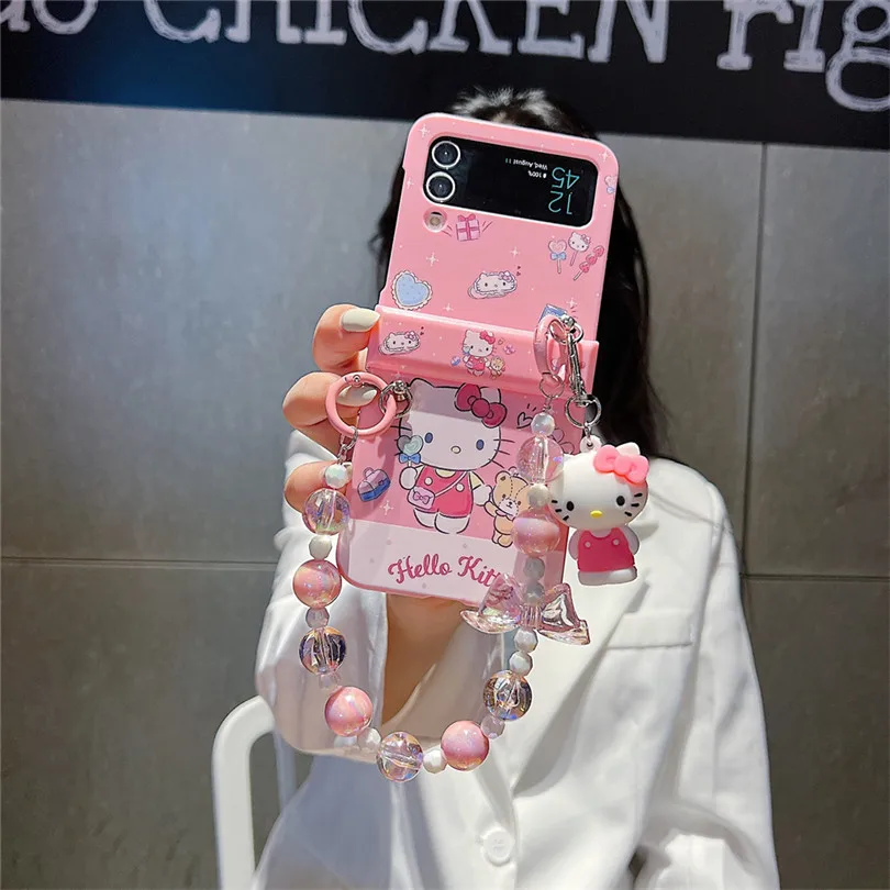 Sanrio Hello Kitty Kuromi Z Flip 3 4 5G Case for Samsung Galaxy Cinnamoroll Full Protect Bead Chain Bracelet Lanyard Cover Gift