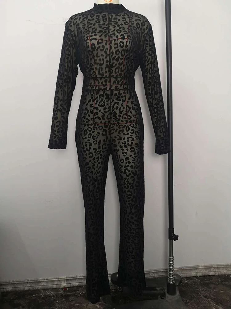 Sibybo Fashion Gauze Jumpsuits Sexy Leopard Print See Through Rompers Casual Basic Long Sleeves Wide Leg Pants Hot Girl Clothing