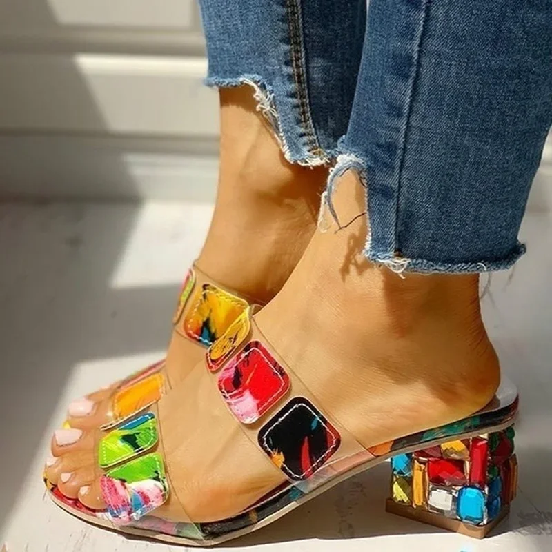 Sandals for Women Square Heels Summer Sandals Peep Toe Ladies Multi Colors Heeled Shoes Female Sandalias Outdoor Slippers