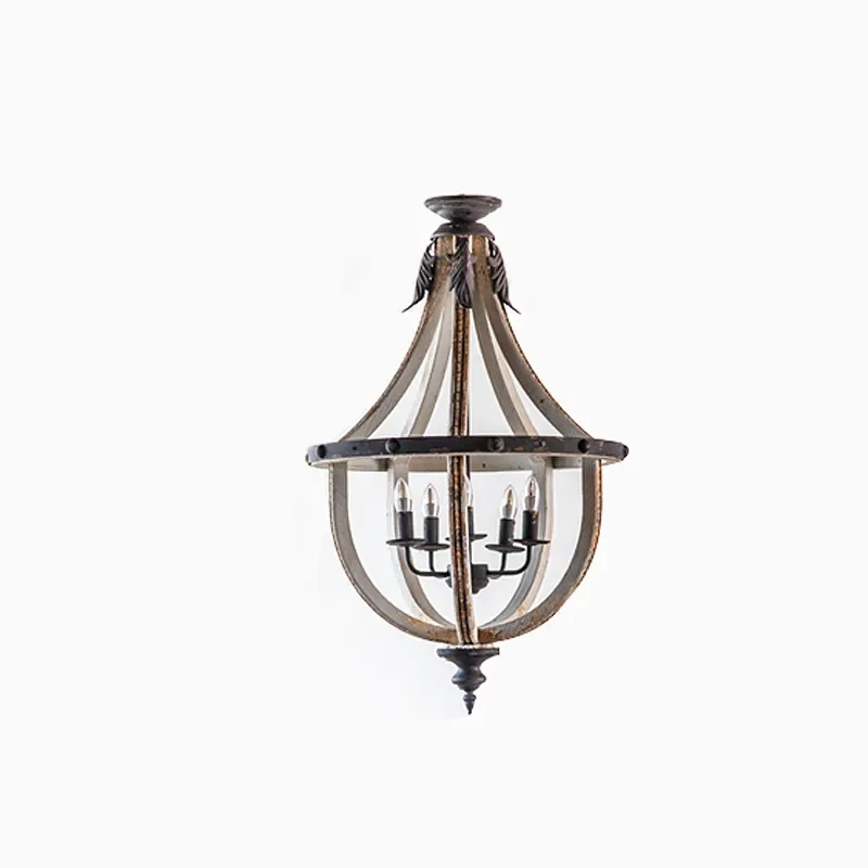 Vintage Wrought Iron Chandelier with Solid Wood Accents Retro Pendant Light for Bedroom Hallway Home Decor Photography Props