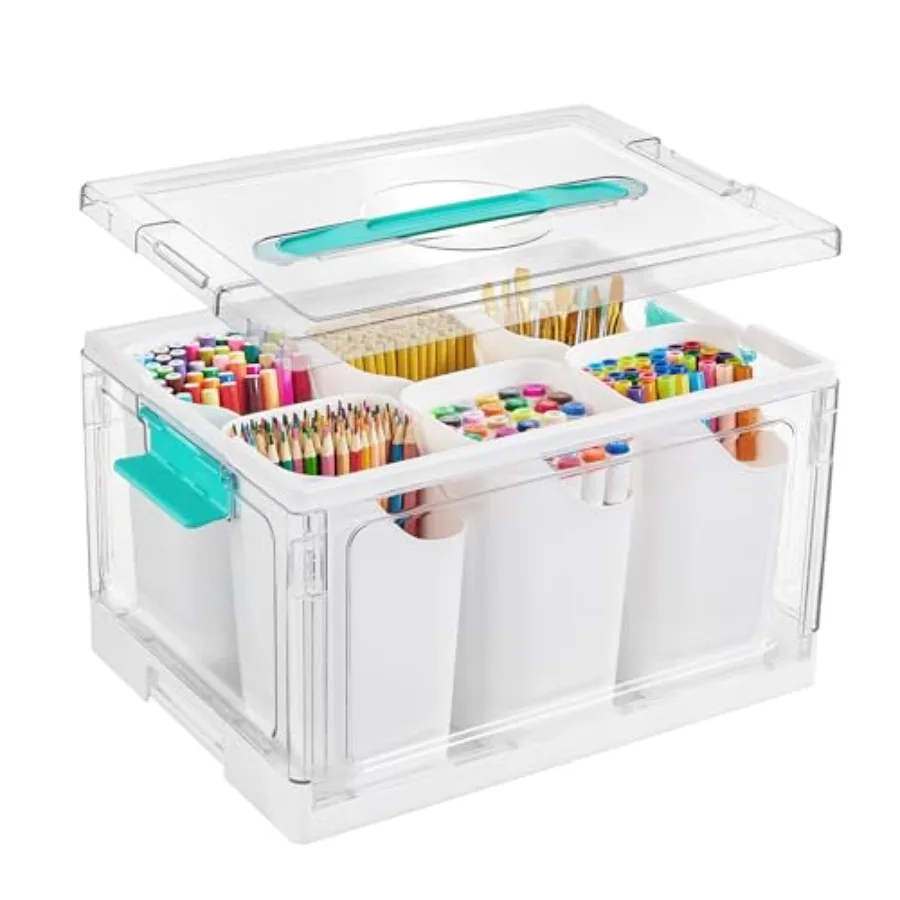 

24 QT Clear Plastic Craft Organizer with 6 Detachable Inserts Art Supply and Tool Storage Box for Craft Crayon Pencils 1 Pack