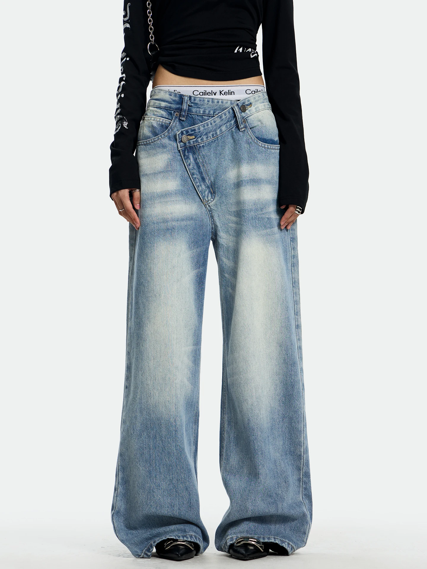 

Women's Blue Asymmetry Jeans Cargo Baggy Y2K Japanese Harajuku High Street Aesthetic Vintage Casual Pants Jeans Clothing 2025