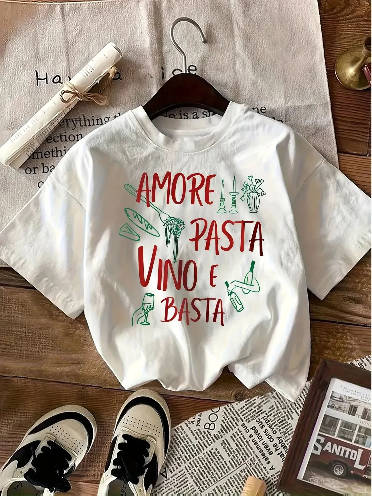 Summer Women's Amore Pasta Wino E Basta Print T-shirt 100% Cotton Italian Food Casual Short Sleeve Fashion Tee Daily Wear Beach