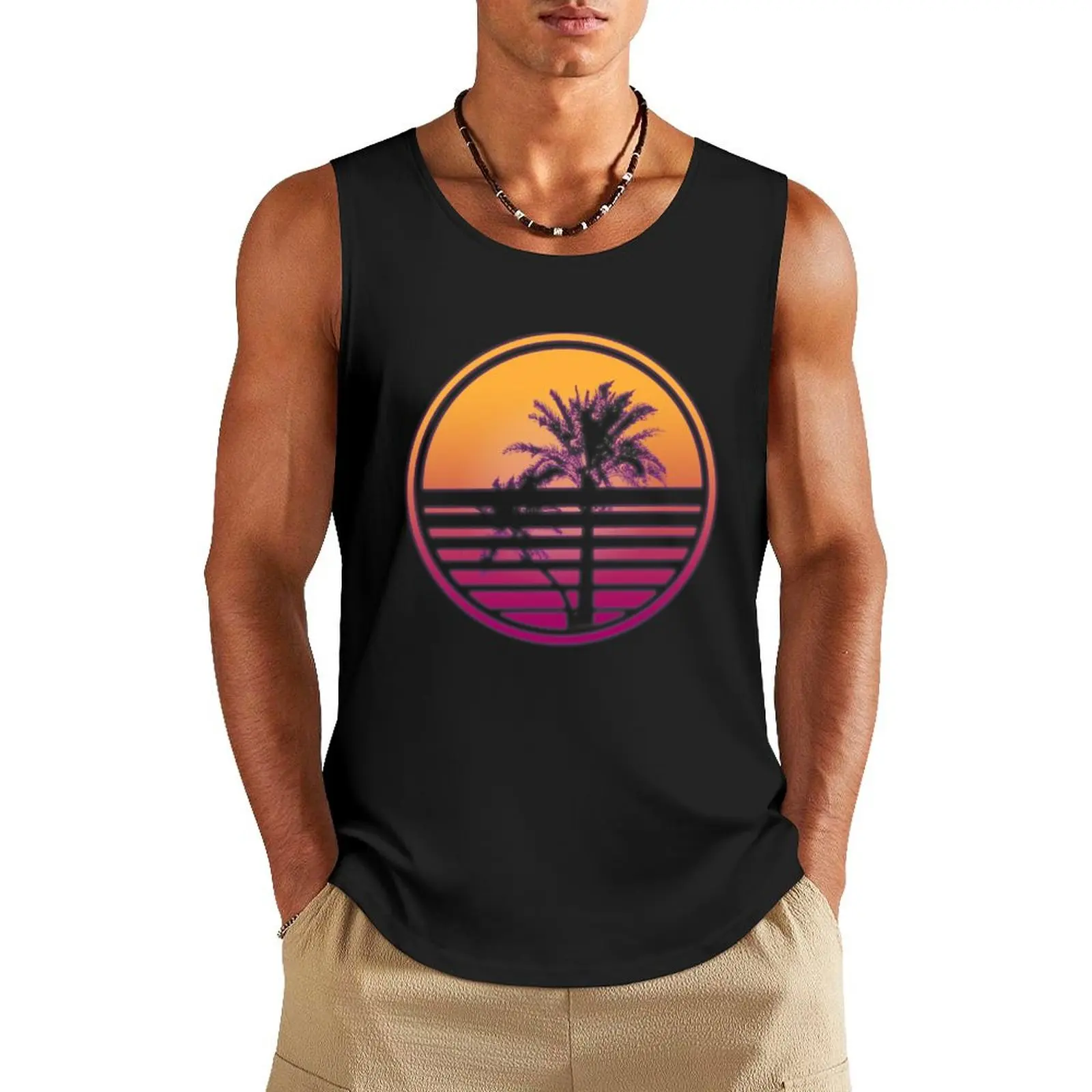 

Synthwave Sun Palm Trees Tank Top Sleeveless top gym shirt men