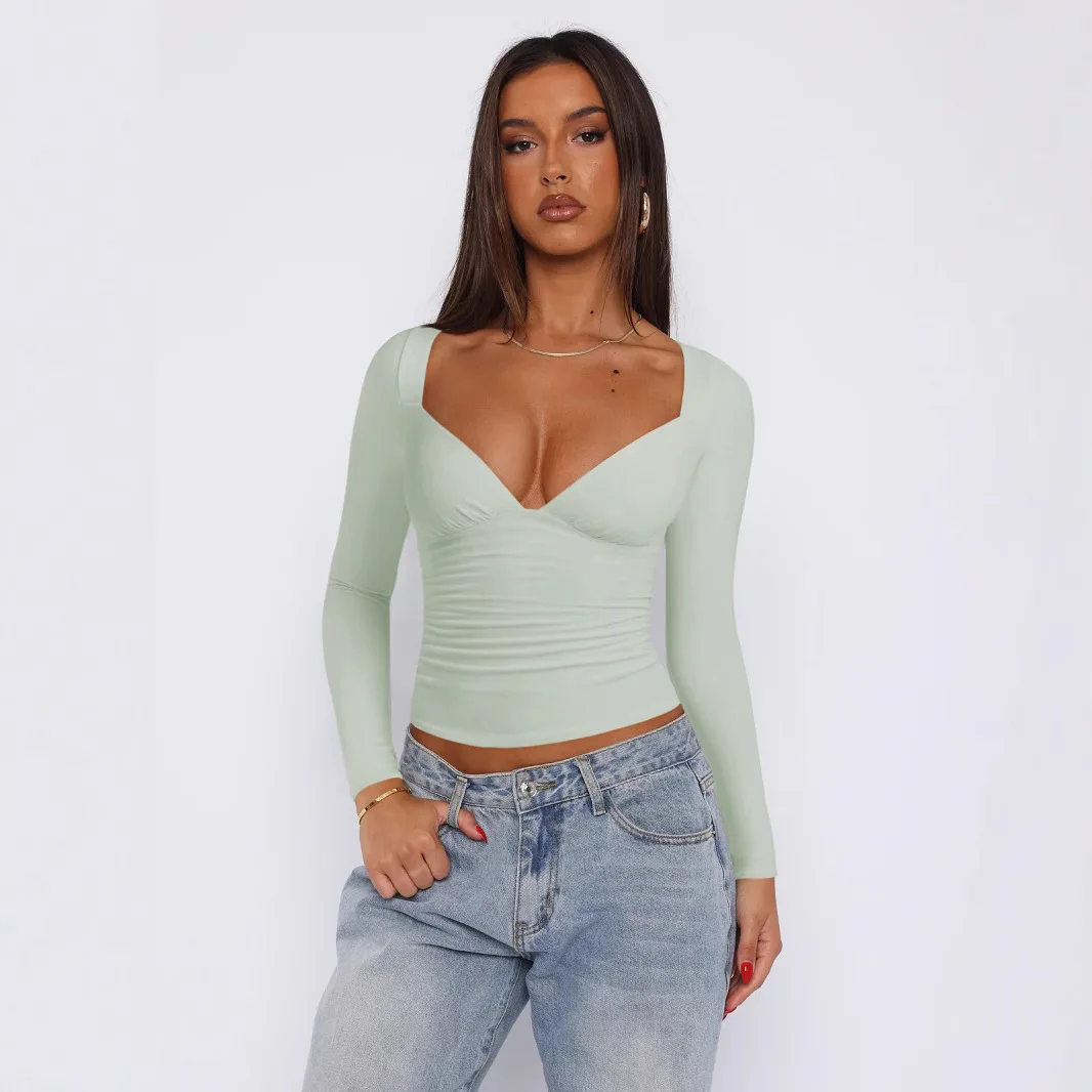 

Summer Women's Slim Fit Long Sve T-irt Diamond Collar Design Y2K Sle Spicy Girl Faionable Casual Comfortable Top