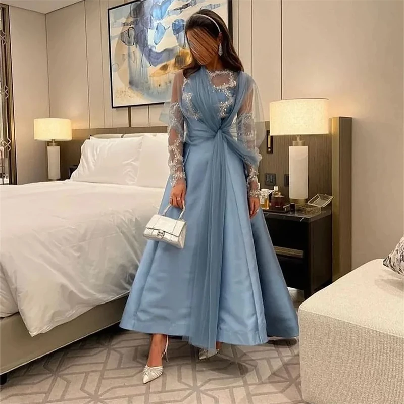 

Blue Exquisite round neck Evening Dresses elegant Sequin Long sleeve gauze Beaded A-Line Prom Dresses Customized