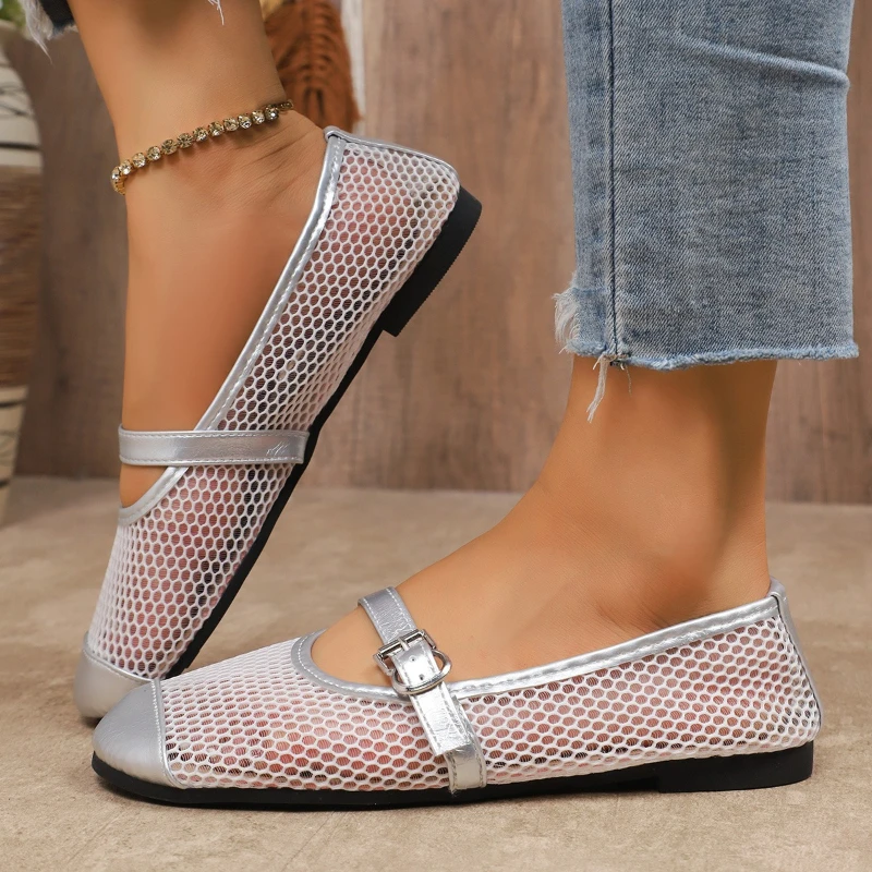 2026 New Women's Mesh Breathable Ballet Flat Shoes Summer New Flat Hollow Mesh Sandals Fishnet Flats Mary Jane Shoes