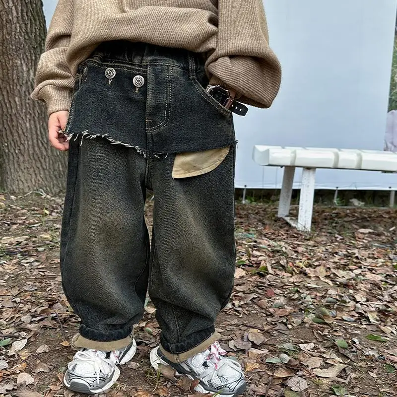 Boys Fleece Lined Jeans Korean Style Patchwork Denim Pants Autumn Winter Warm Thick Trousers Kids Long Pants