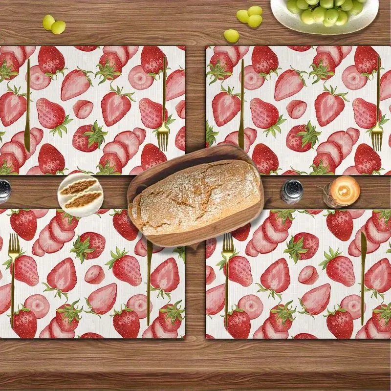 4Pcs, Yuanqi Strawberry Placemats, the Best Placemats, Washable, Suitable for Holiday Parties, Home Decoration, Kitchen Countertops, Rectangular Dining Rooms, Making Your Dining Room and Kitchen More Beautiful, Birthday Gifts and Housewarming Party Gifts for Family and Friends