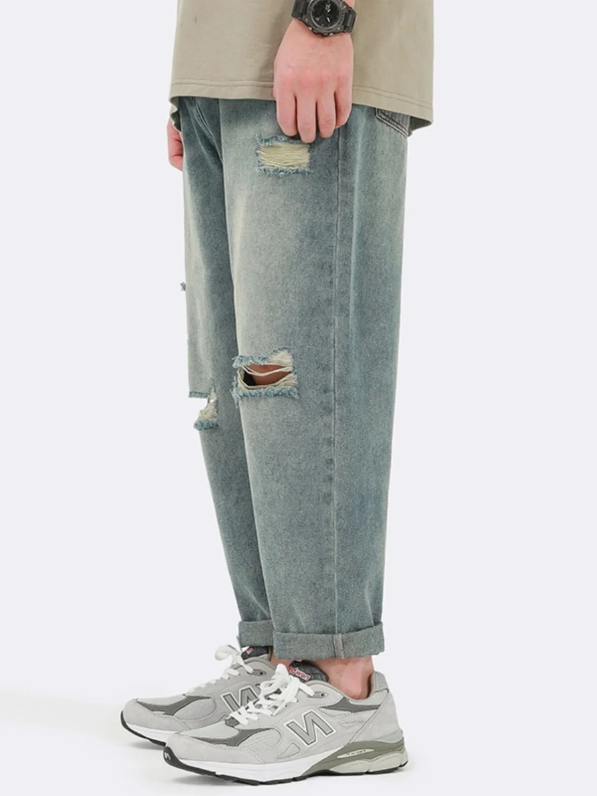 

Мужские летние повседневные джинсы в стиле ретро, зауженные, с рваными элементами, светлые, тонкие, прямые, модные, свободного кроя, классический синий цвет...