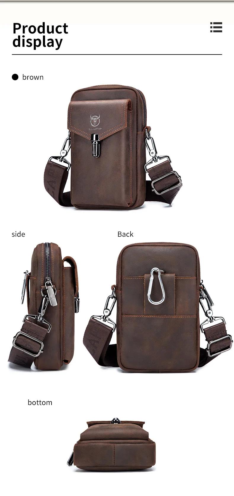 BULLCAPTAIN Crazy Horse Leder Herren Gürteltasche Handy-Hüfttasche Oberste Schicht Rindsleder Einzel-Schulter Crossbody Handytasche – Detail 11