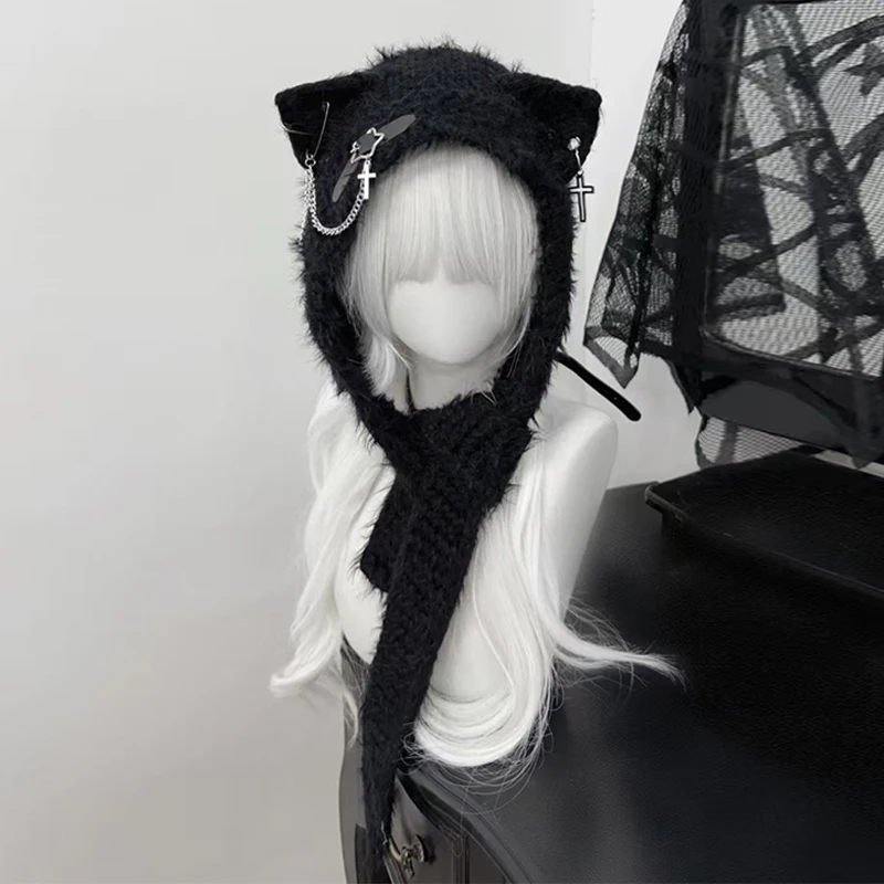 Harajuku Japanese Kawaii Cat Ear Hat With Scarf Women Girls Y2k Punk Cross Chain Leather Buckle Knitted Winter Warm Beanie Caps