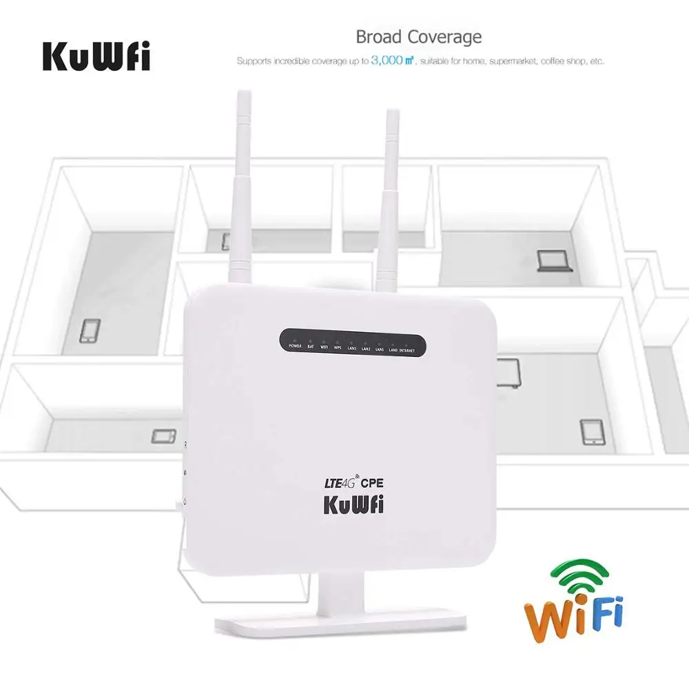 KuWFi 4G Router Sim Card 300mbps Unlocked 4G CPE Wireless Router 150mbps CAT4 Mobile Wifi Hotspot With Sim Card Slot 4 LAN Ports