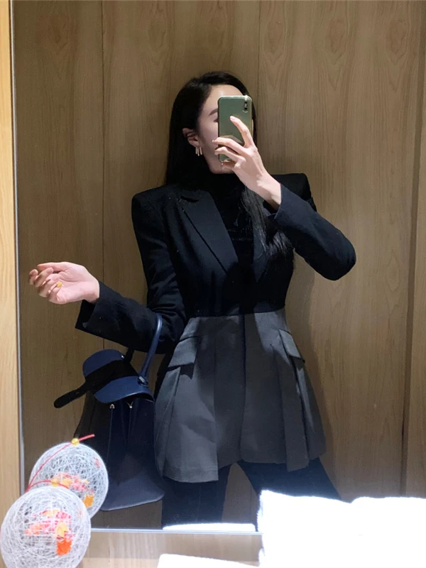 

Весенний комплект 2025: Женский модный костюм в корейском стиле с цветовыми блоками, повседневные брюки с высокой талией и широкими штанинами, комплект из двух предметов