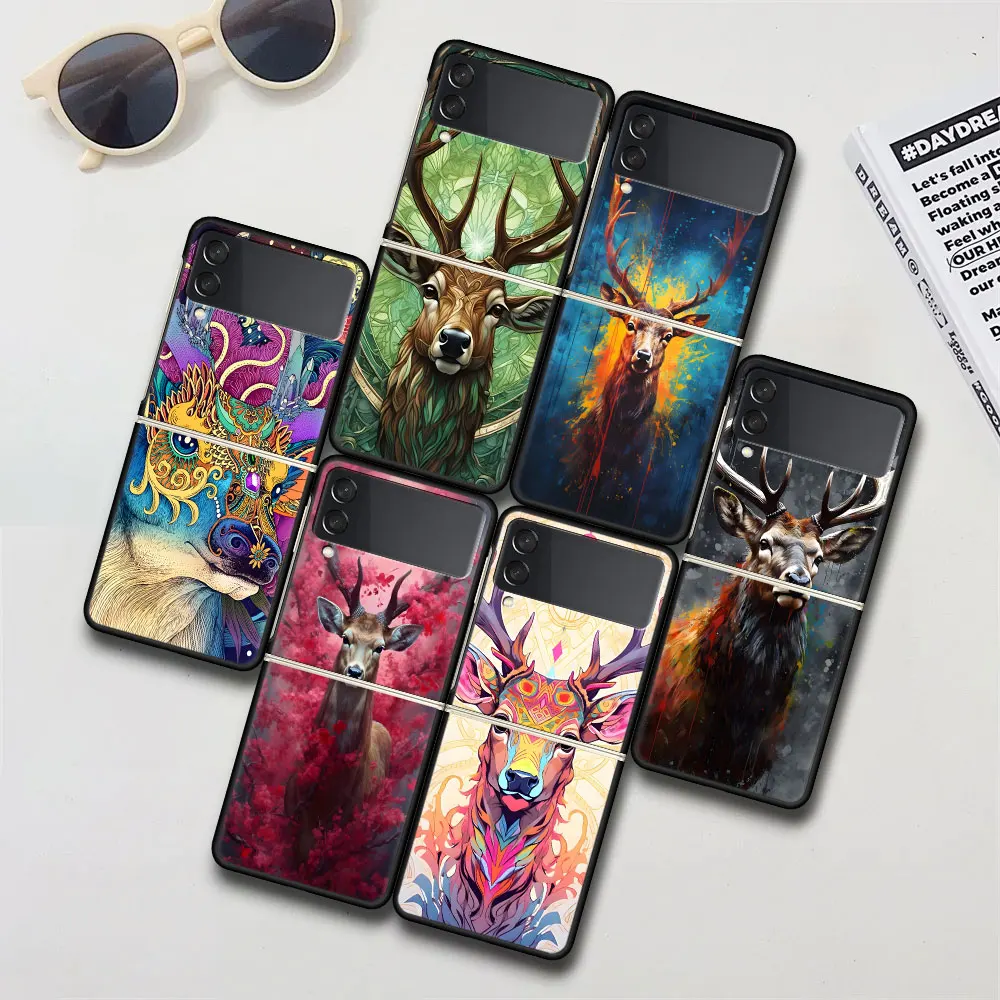 Animal Deer Lion Art Case for Samsung Galaxy Z Flip4 Flip3 Hard PC Phone Cover Flip 4 3 5G Black Funda Capa Zflip4 Zflip3 Shell