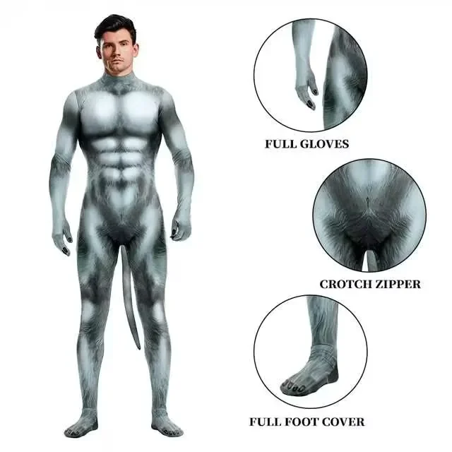 5Colors Petsuits with Tail Men Abs Print Animal Costume Black Blue Green Grey Brown Full Bodysuits Crotch Zipper Zentai