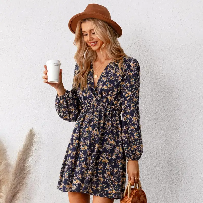 CUPSHE Fall Alison Ditsy Floral Comfort Peasant Sleeve Mini Dress Casual Womenswear