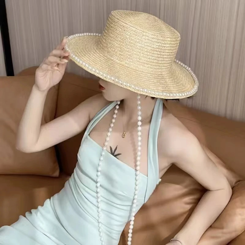 

New fashion pearl chain hat eaves straw flat hat straw hat outdoor travel sunscreen beach hat