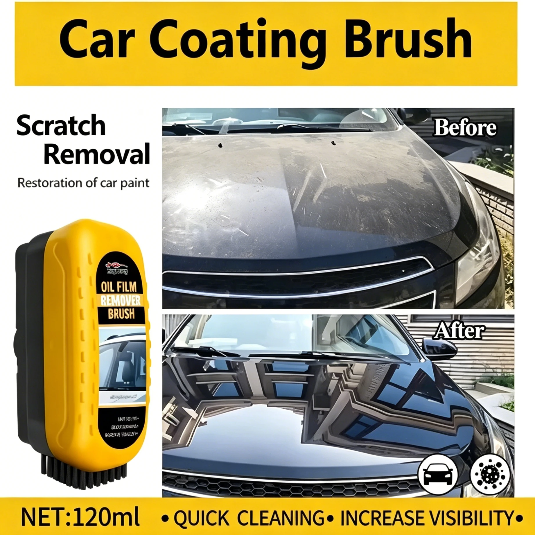 Car Windshield Oil Film Remover Brush, High Efficiency Glass Cleaner Removes Oil Film for Clear Bright Auto Window Vision