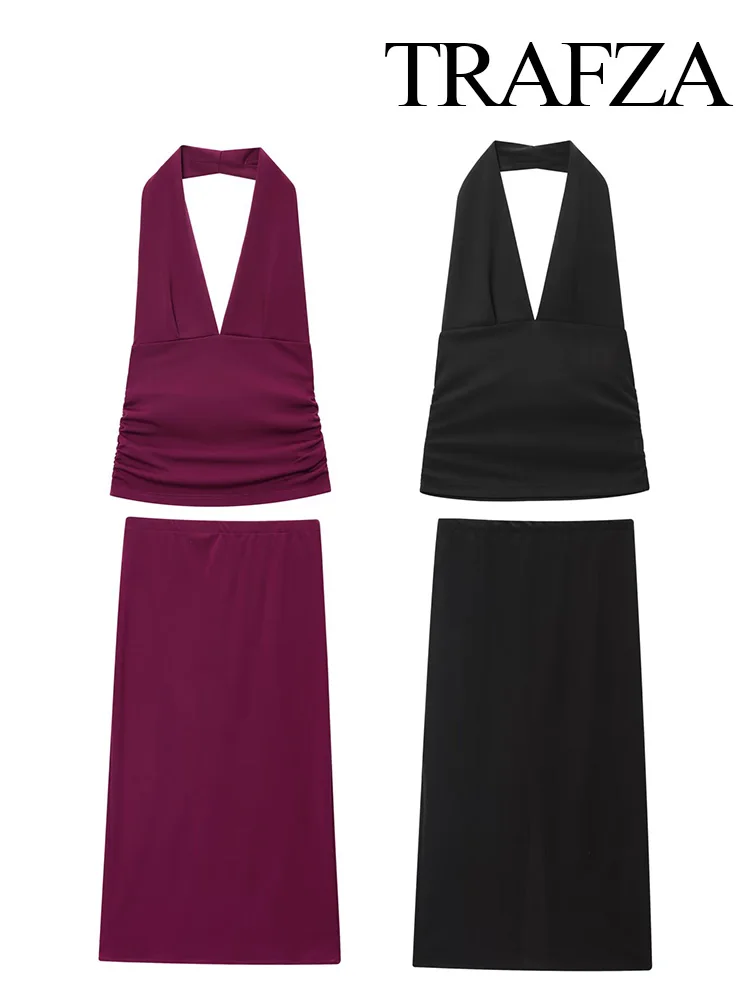 

TRAFZA Women Midi Skirts Set Pleated Hanging Neck Collar Sleeveless Short Tops+A-Line High Waist Elastic Midi Skirt Women Suits
