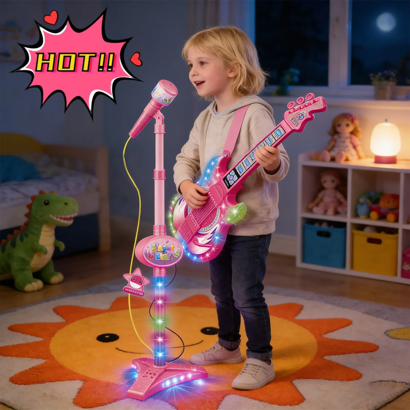 

Educational Musical Toy Set For Toddlers - Karaoke Machine With Mic & Adjustable Height Guitar, Features Lights & Sounds To Deve