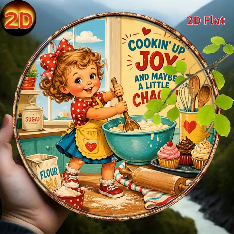 [2Dflat], 1pc 7.87X7.87inch- Cookin' Up Joy Metal Plaque, Retro Kitchen Decorative Sign, Vintage Girl Wall Art for Home Kitchen