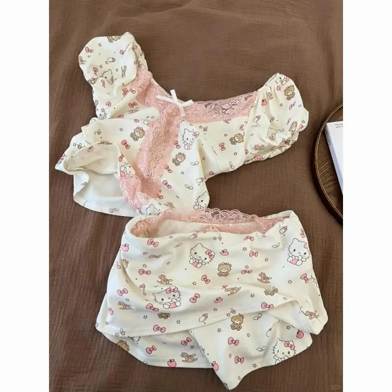 Hello Kitty Pure Lust Style Cute Pajamas for Women Summer New Slim Short-Sleeved Shorts Suit Outer Wear Home Clothes Cartoon