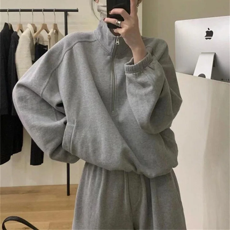 

New Fashionable Trendy Women's Petite Elegant Stand Collar Sweatshirt Casual Sports Pants 2-piece Set For Autumn Winter