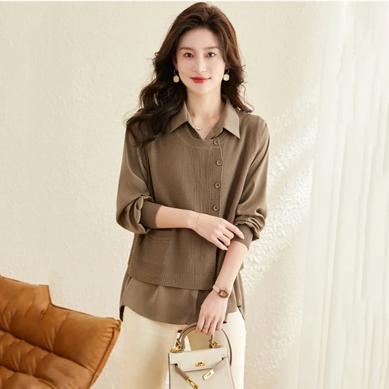 Dames Vest Gebreide Trui Voor Lente Herfst 2023 Nieuwe Mode Patchwork Turn Kraag Valse 2 Stuks Office Lady Shirt Tops