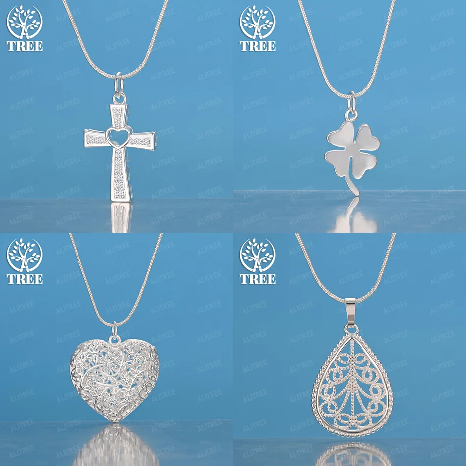 

16-30 Inch 925 Sterling Silver Hollow Heart Water Drop Four Leaf Clover Cross Pendant Necklace Women Birthday Party Nice Jewelry