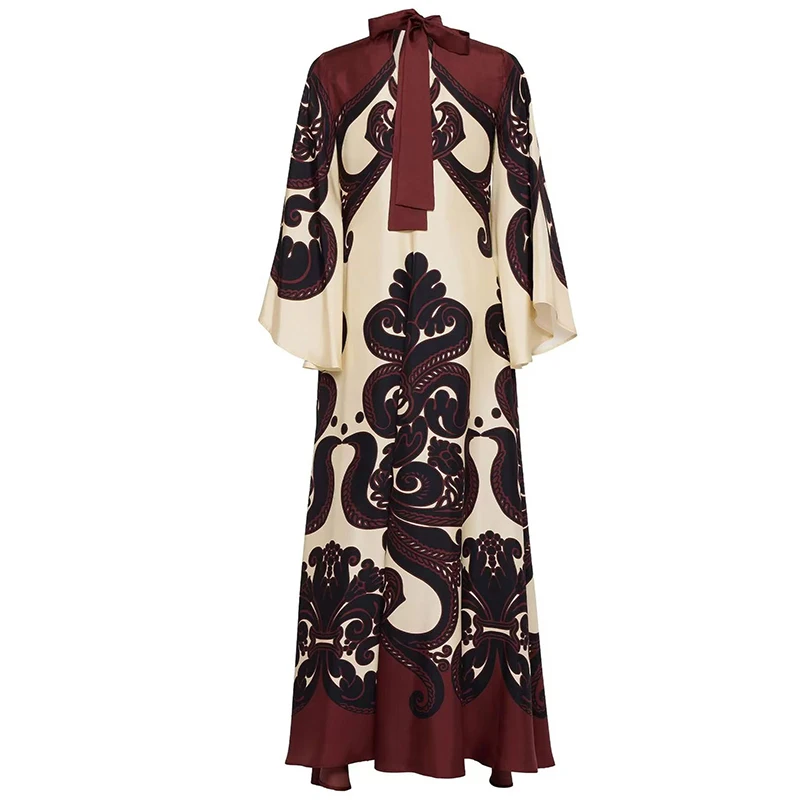 Ethnic Vintage Pattern Print Muslim Women Dresses Spring V Neck Lace-up Loose Long Dress Autumn 3/4 Flare Sleeve Boho Maxi Dress