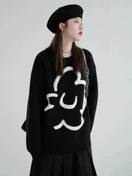 Zoki Floral Vintage Black Sweaters Women Streetwear American Knitted Pullovers Oversize Loose Long Sleeve Female Gothic Y2K Tops