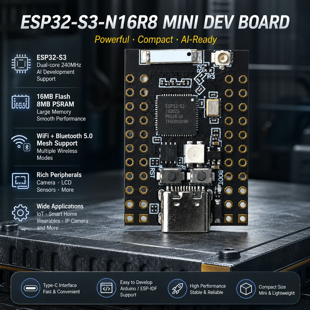WiFi Development Board ESP32-S3-N16R8 Mini with Bluetooth 5.0 Dual-Core MCU Module for AI Smart Home IoT Projects