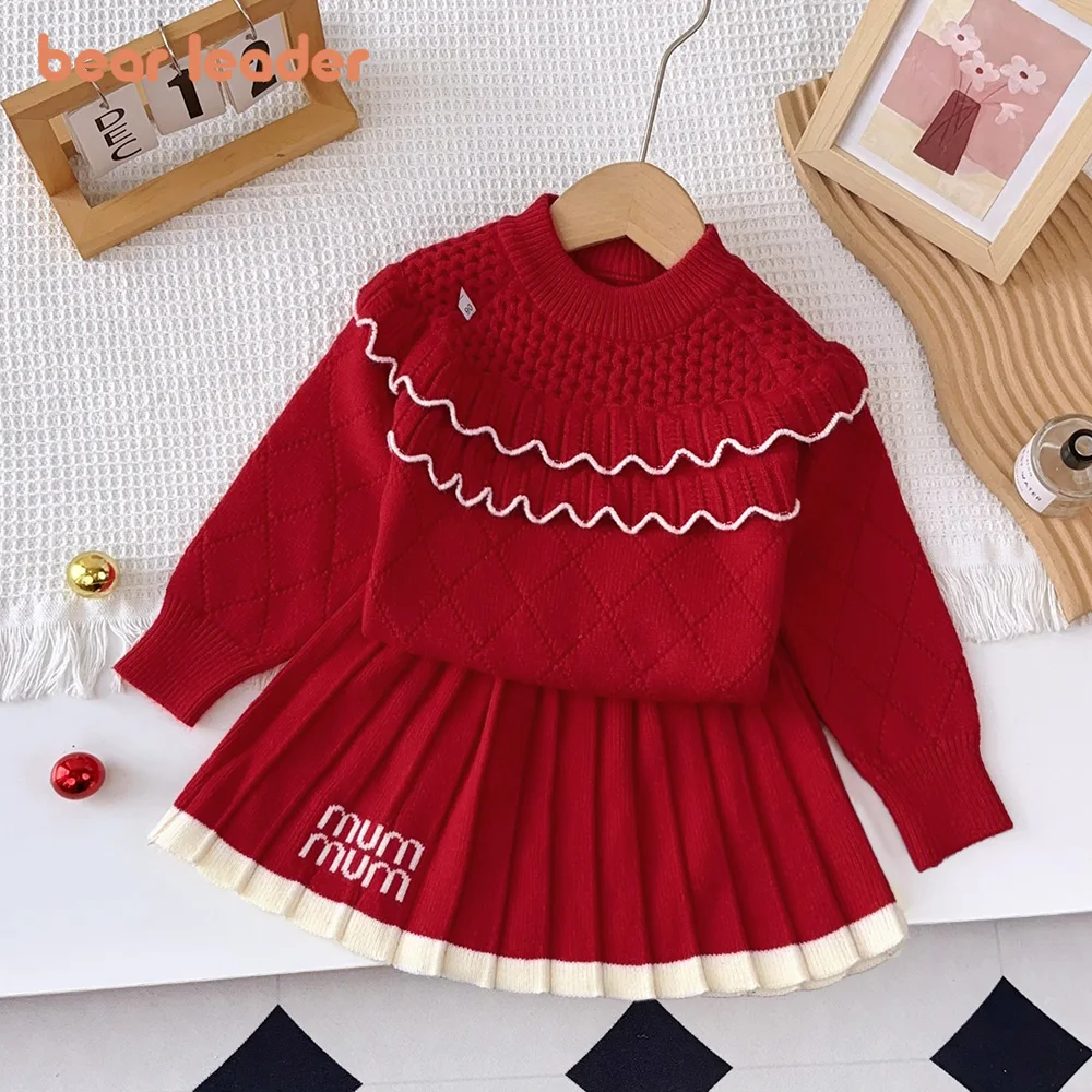 Bear Leader Red Christmas Outfits Girls Clothes Diamond Grid Wave Knitted Sweater+Skirt 2-piece Set Autumn Winter Warm Wear