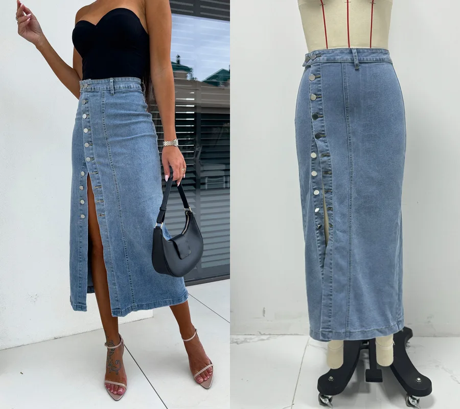 

Women's Casual Slit Denim Jean Skirt Stretch High Waisted Button Frayed Long Skirt