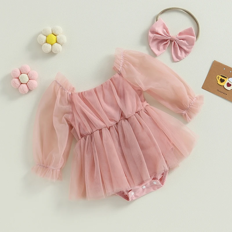 Baby Girls Casual Romper Dress Long Mesh Sleeve Tulle Patchwork Romper with Bow Headband