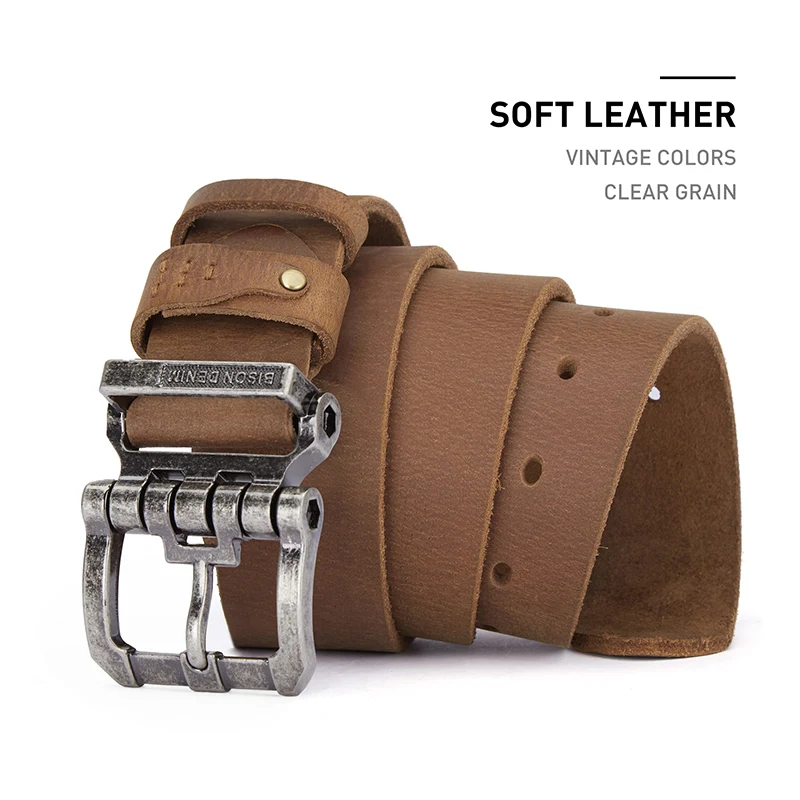 BISONDENIM Men Top Layer Leather Casual High Quality Belt Vintage Design Pin Buckle Genuine Leather Belts W71793