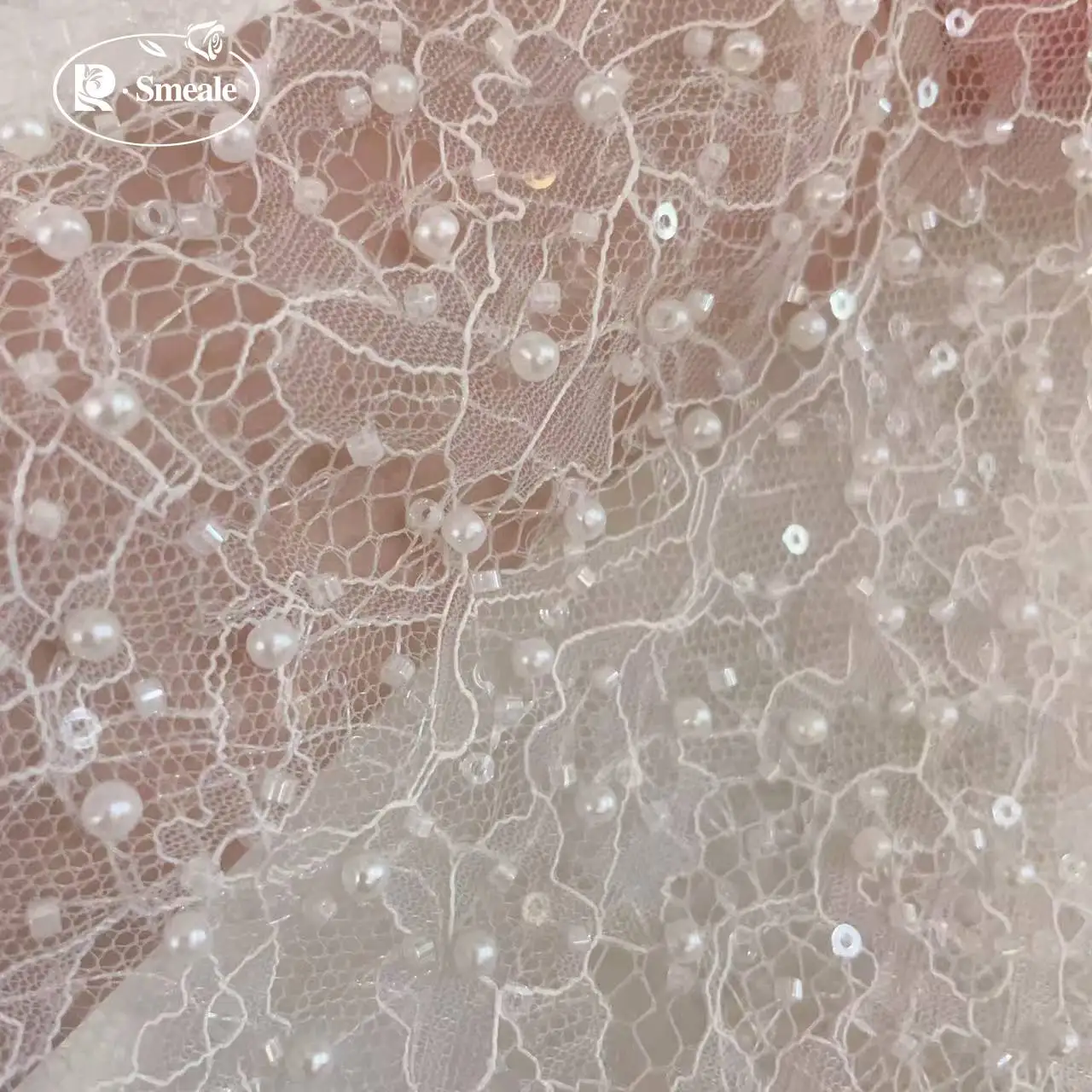 SMEALE Weiße Perlen Pailletten Spitzenstoff Luxuriöses Abendkleid Französische Spitze Braut Hochzeitsstoff. Stoffe zum Nähen. – Detail 4