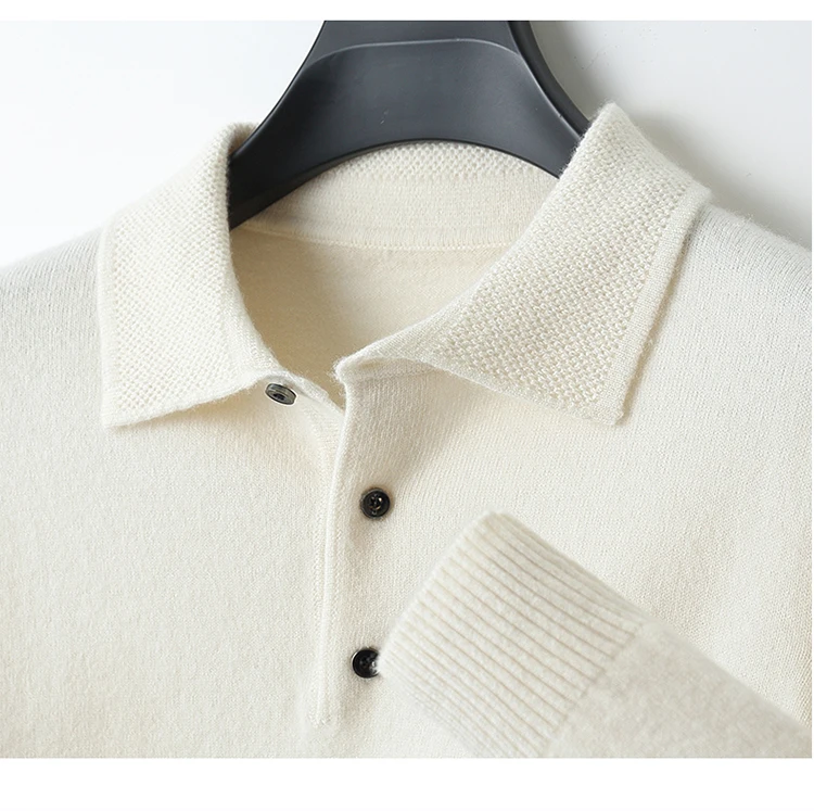 LHZSYY 100%Merino Wool Hot Cardigans Men Lapel Pullover Long Sleeve POLO Neck Sweaters Loose Tops Knit Clothing Large Size Shirt