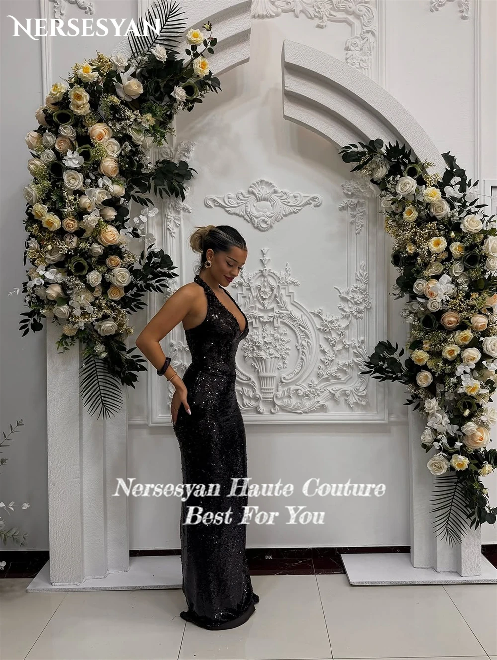 Nersesyan paillettes noir sirène robes de soirée licou paillettes épaules nues robe formelle dos nu Maxi robes de soirée personnalisé