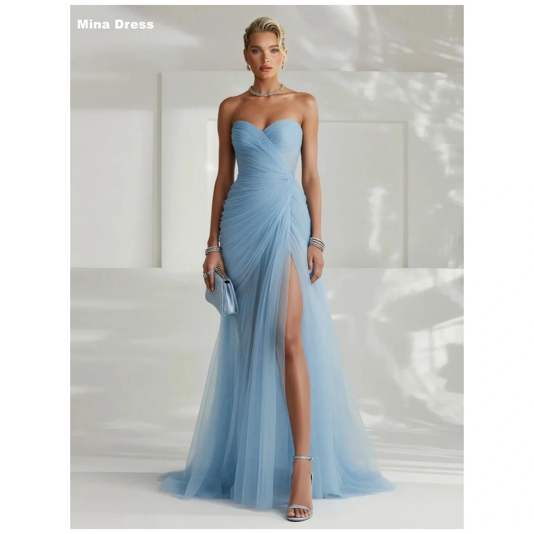 

Mina Customized Blue Tulle Pleated Sleeveless Backless High Slit Best Selling Dresses for Special Occasions Luxury Party Dress